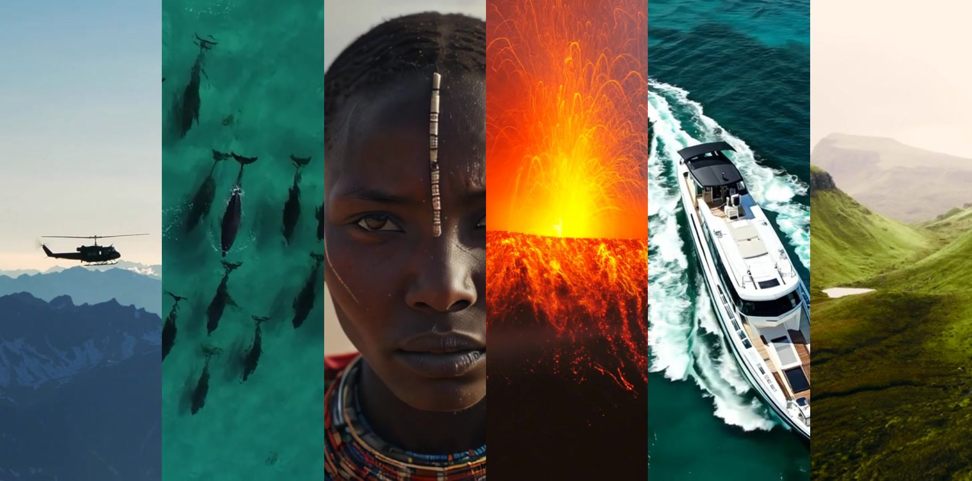 A collage featuring diverse scenes: a helicopter flying over mountains, a group of whales swimming in turquoise water, a close-up of a woman adorned with tribal jewelry, a volcano erupting with lava and sparks, and a luxury yacht cruising along a scenic coastline.