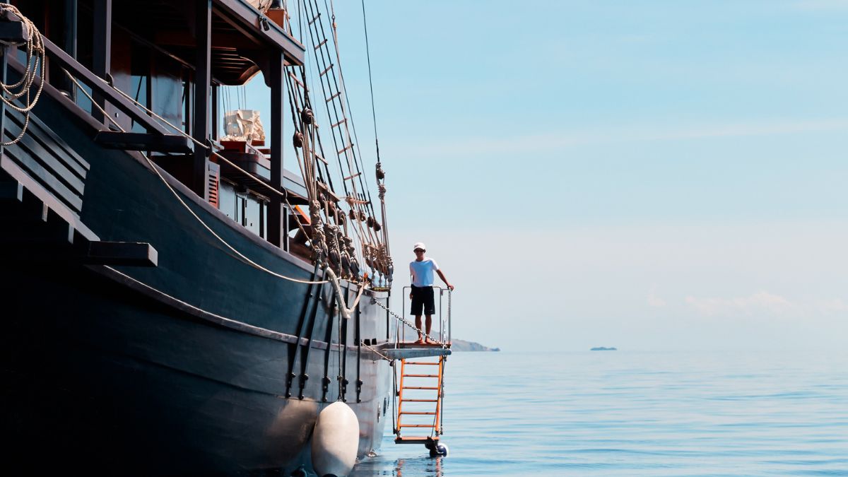 A person stands on a wooden ladder extending from a large black boat, looking out over calm blue water under a clear sky.