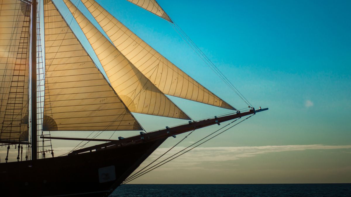The bow of a sailing ship with large, billowing sails illuminated by sunlight against a blue sky and the sea.