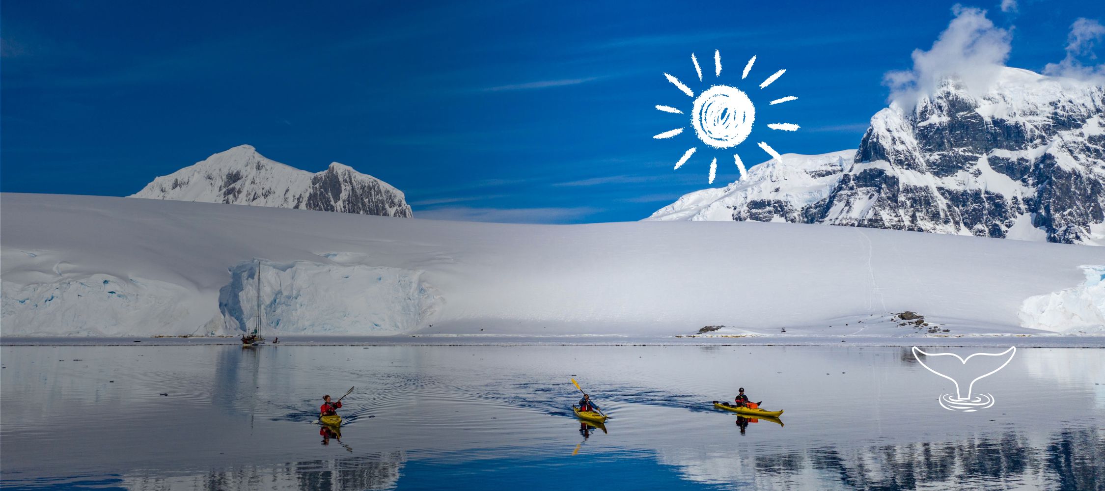 Two kayakers paddle on a calm, icy sea surrounded by snow-covered mountains and glaciers under a bright blue sky. A sun and whale graphic are illustrated in the corner.