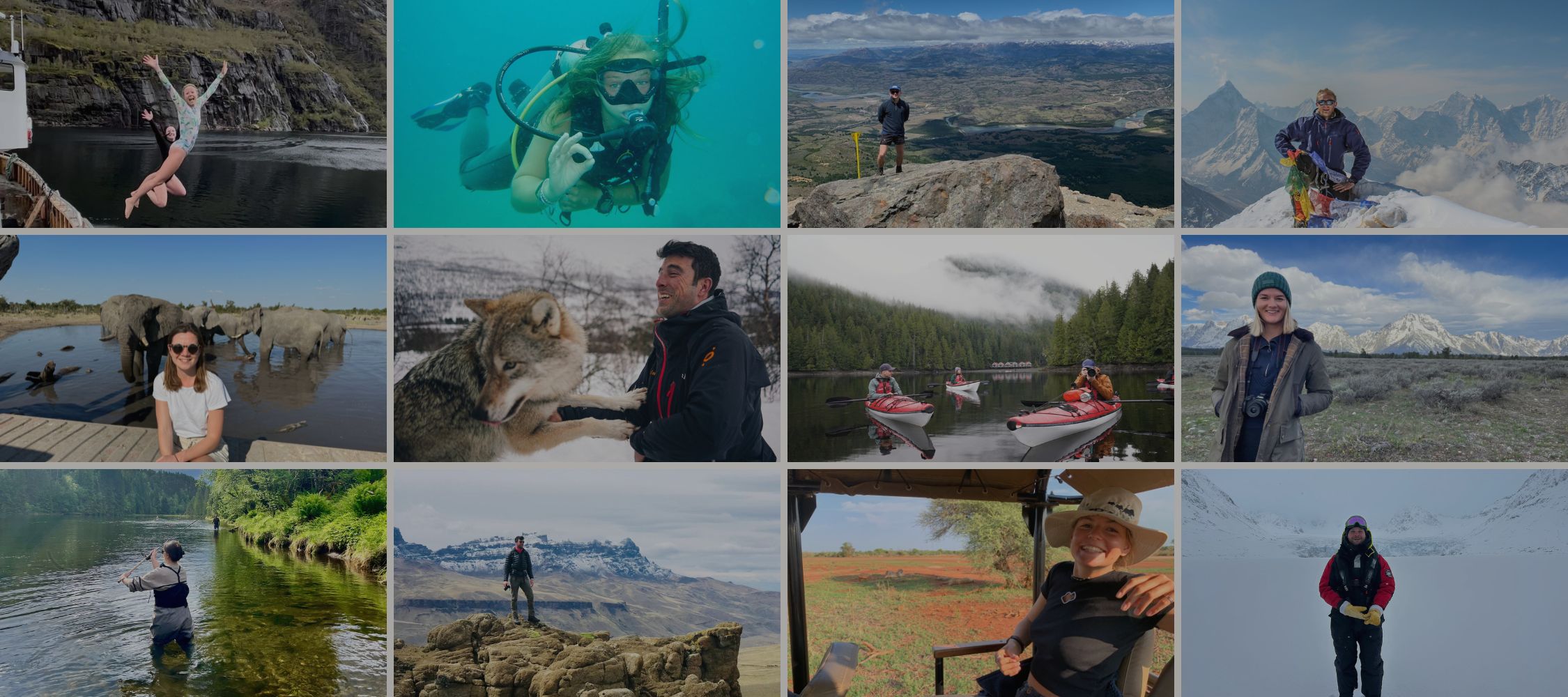 Grid of travel photos featuring people jumping into water, scuba diving, hiking, and seeing wildlife like elephants and wolves.
