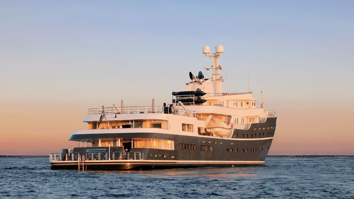 Exterior view of AQUA LARES, a 77m luxury yacht formerly known as LEGEND.