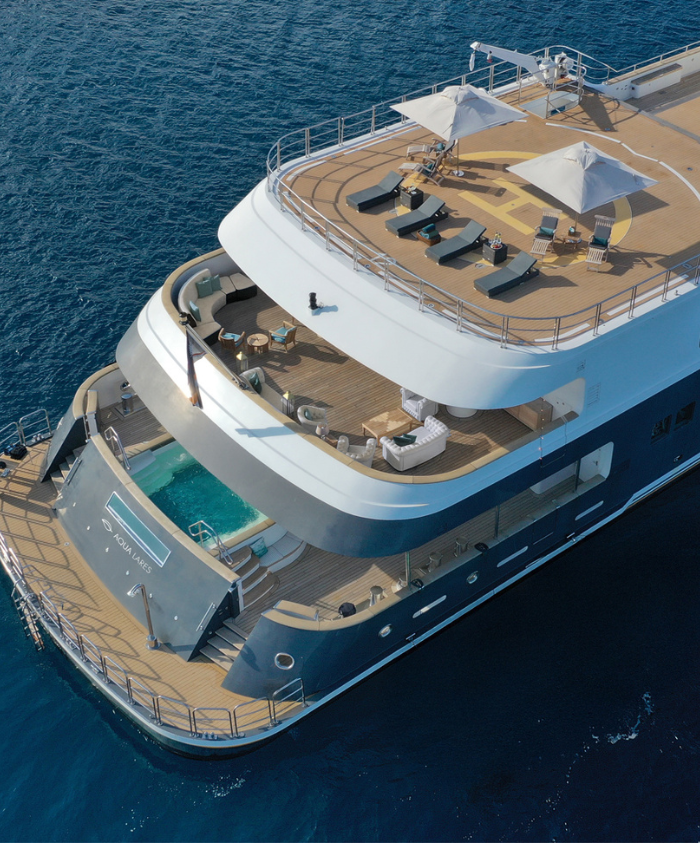 Spacious multi-level deck of AQUA LARES, a 77m explorer yacht with expansive outdoor areas.