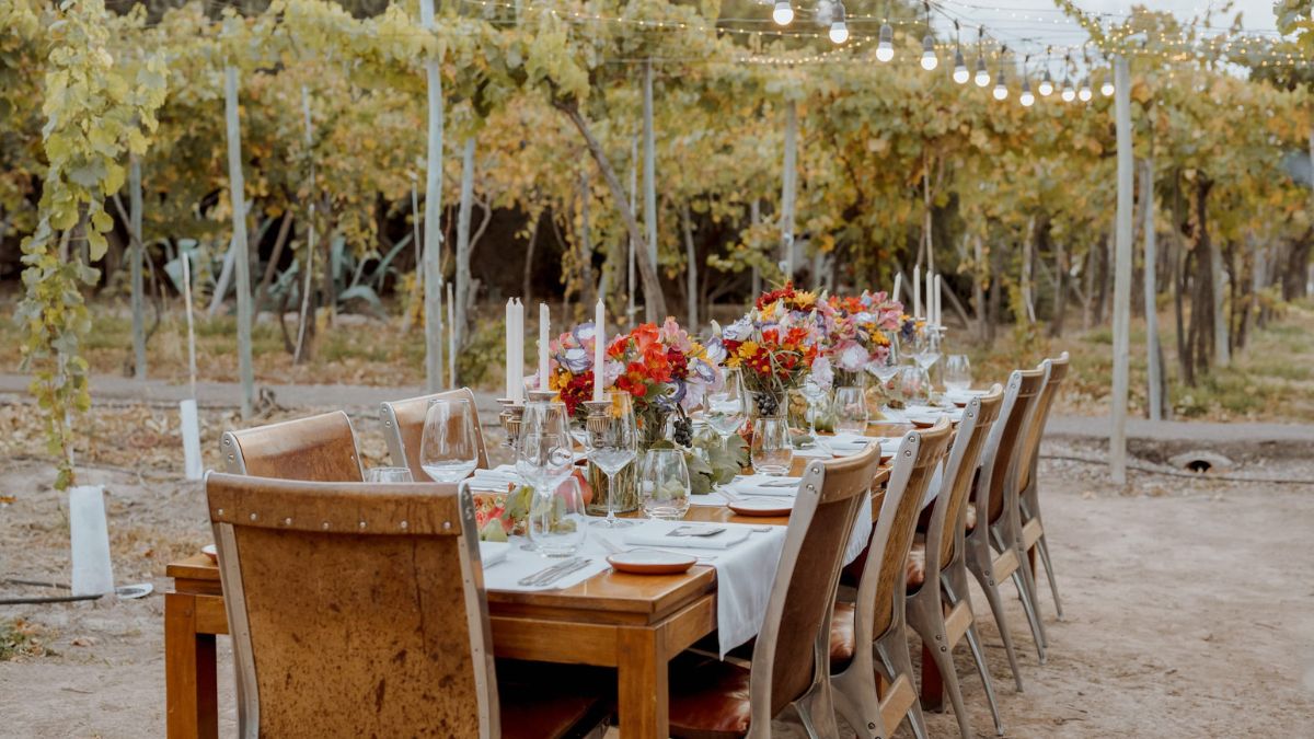 A beautifully set long table adorned with vibrant flower arrangements and candles, surrounded by lush green vines and softly glowing string lights overhead, creating an inviting outdoor dining atmosphere.