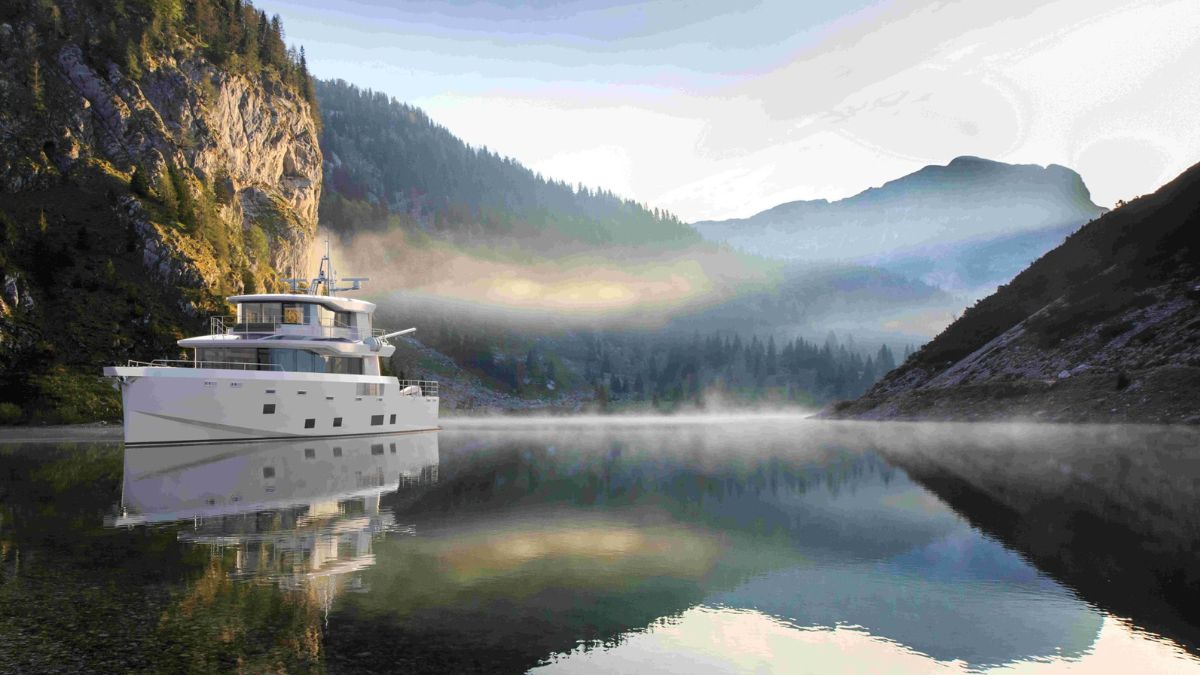 A sleek modern yacht anchored in a serene misty lake, surrounded by mountains and dense forests, reflecting beautifully on the calm water.