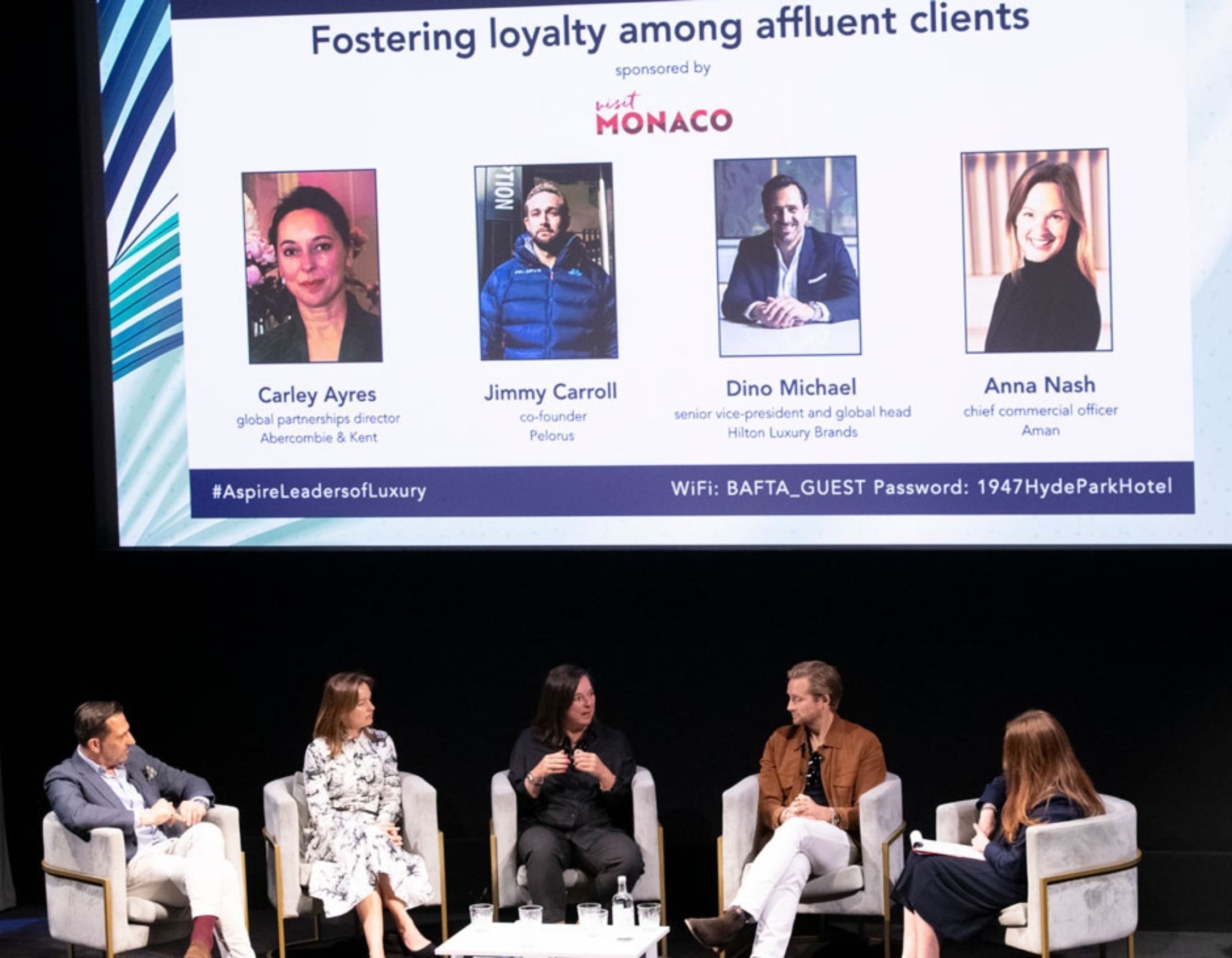 A panel discussion featuring four speakers discussing ways to foster loyalty among affluent clients. The speakers include Carley Ayres, Jimmy Carroll, Dino Michael, and Anna Nash, each representing different companies and roles within the luxury sector.