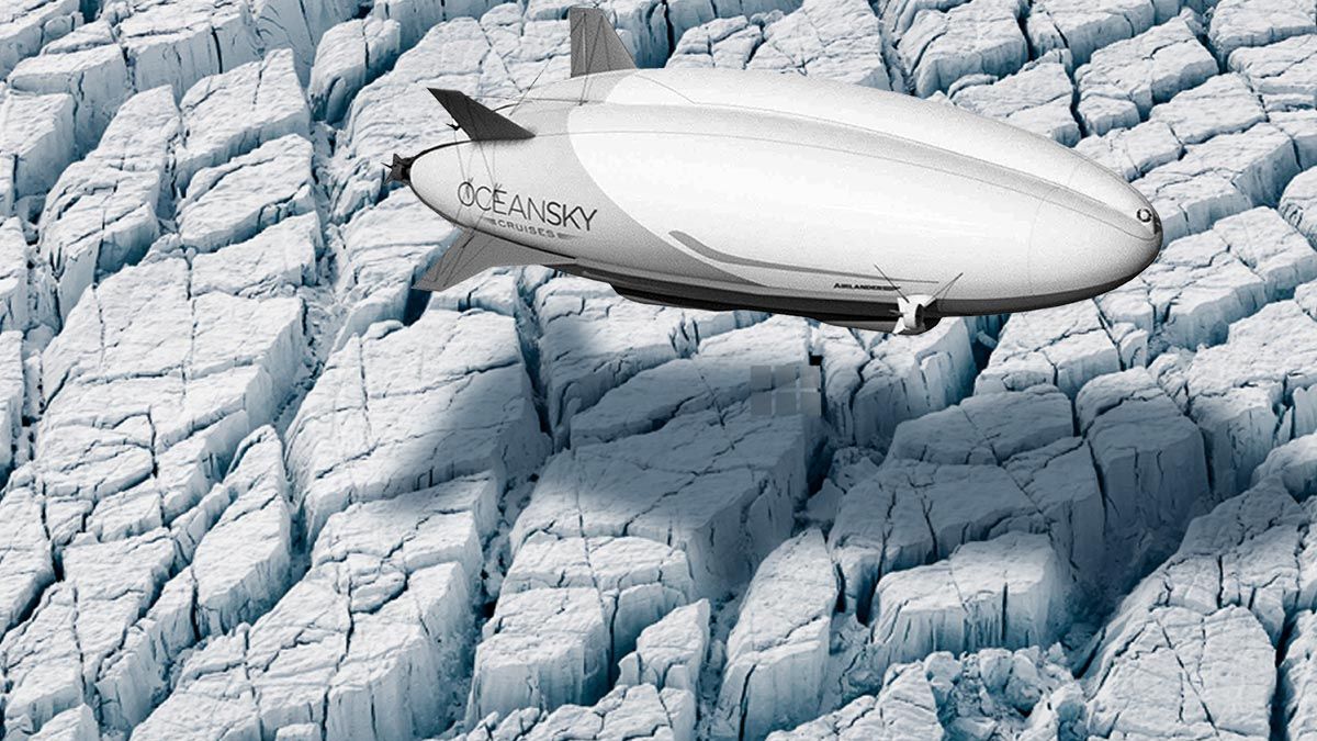 A white airship with "Oceansky" branding hovers above a cracked, icy landscape, showcasing the stark contrast between the vessel and the glaciers below.