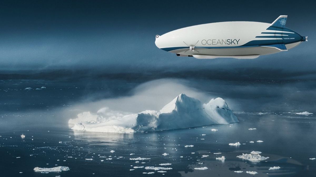 A futuristic airship floats above an icy landscape, with an ice formation partially submerged in the water below. The atmosphere is misty, creating a serene and otherworldly scene.