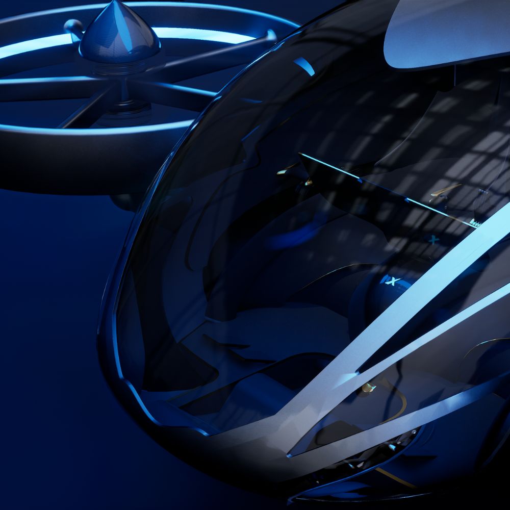 A futuristic hybrid vehicle featuring a sleek design and transparent cockpit, with a top-mounted rotor system illuminated by blue lights.