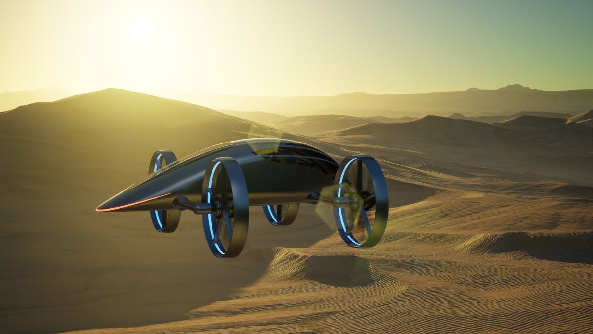 Futuristic vehicle hovering above a sandy desert landscape at sunset, featuring a sleek black design and illuminated blue wheels.