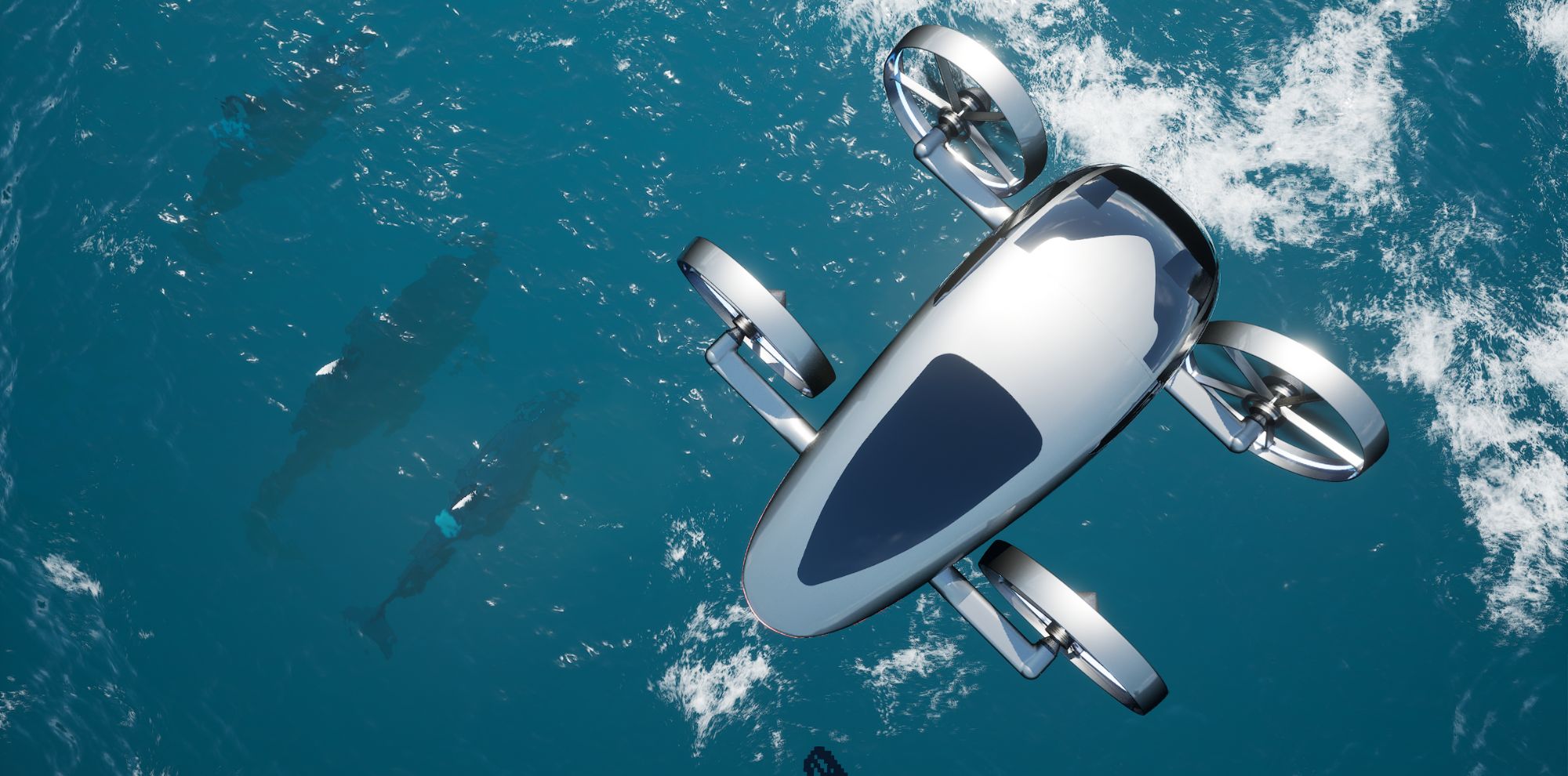 A sleek, futuristic underwater drone with four propellers hovers above a school of fish in clear blue water.