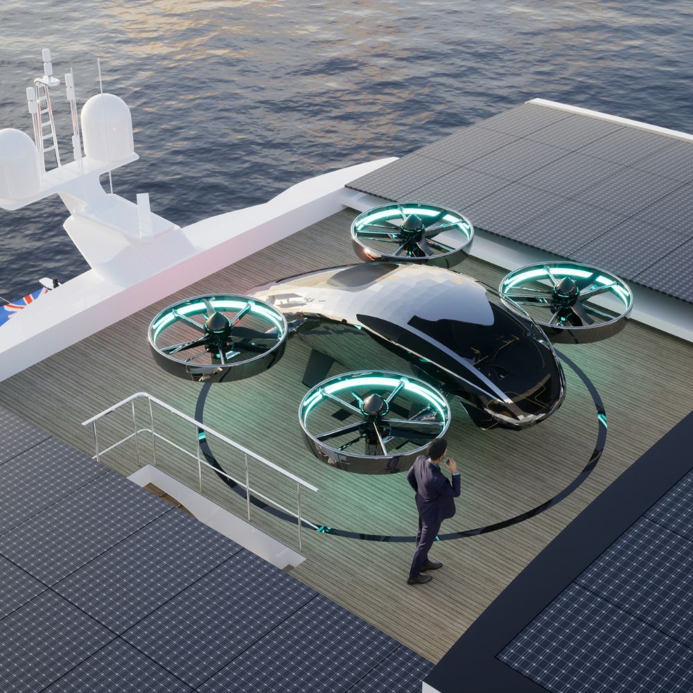 A sleek, futuristic aerial vehicle sits on the deck of a modern ship, surrounded by solar panels. A figure in a suit stands nearby, holding a phone, with the ocean visible in the background.