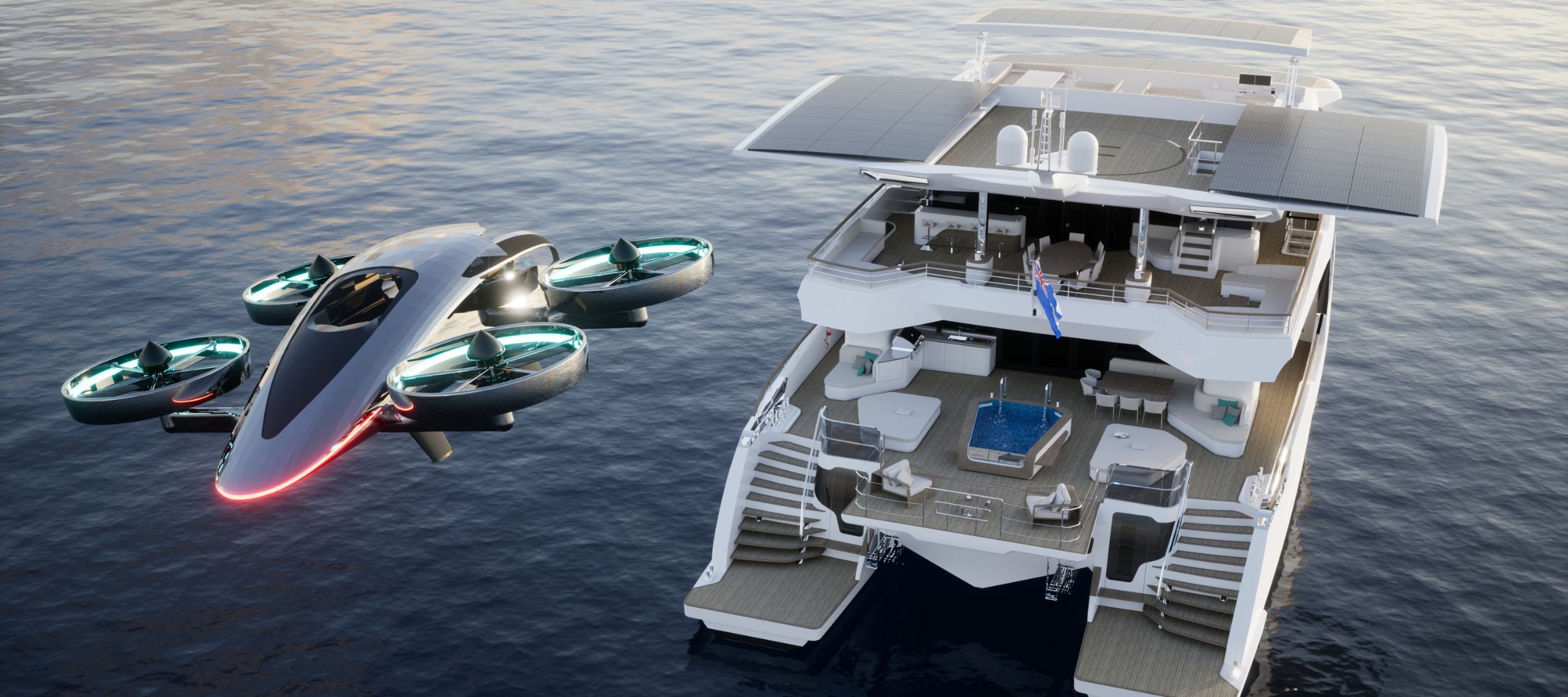 A futuristic flying vehicle with four propellers hovers next to a luxurious yacht featuring multiple decks, an outdoor lounge area, and solar panels on its roof. The setting is calm blue water reflecting the sky.