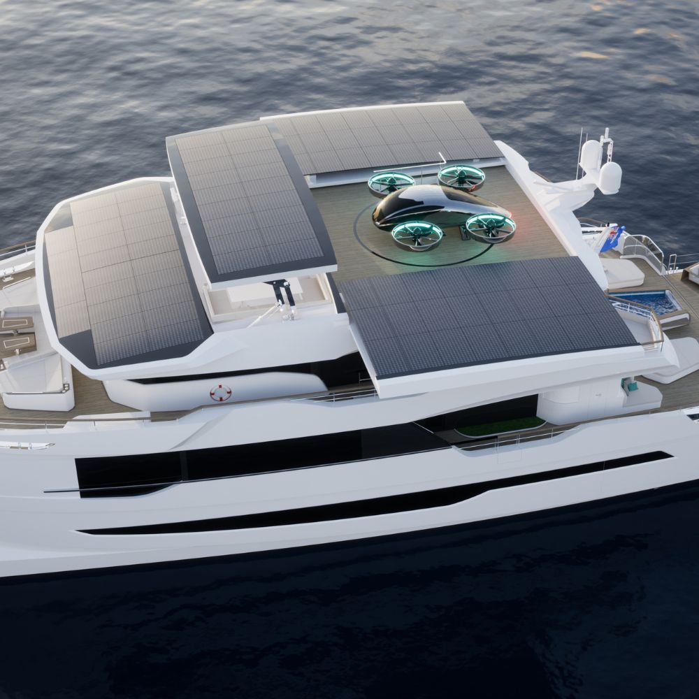 A luxury yacht equipped with solar panels on its roof and a drone on the deck, floating on calm blue waters.