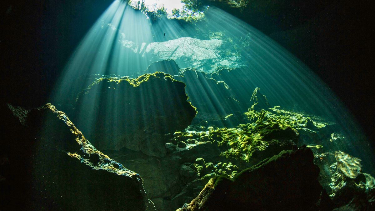 Sunlight beams penetrate through a water surface, illuminating underwater rocks covered with green moss. The scene conveys a serene and mystical underwater environment.