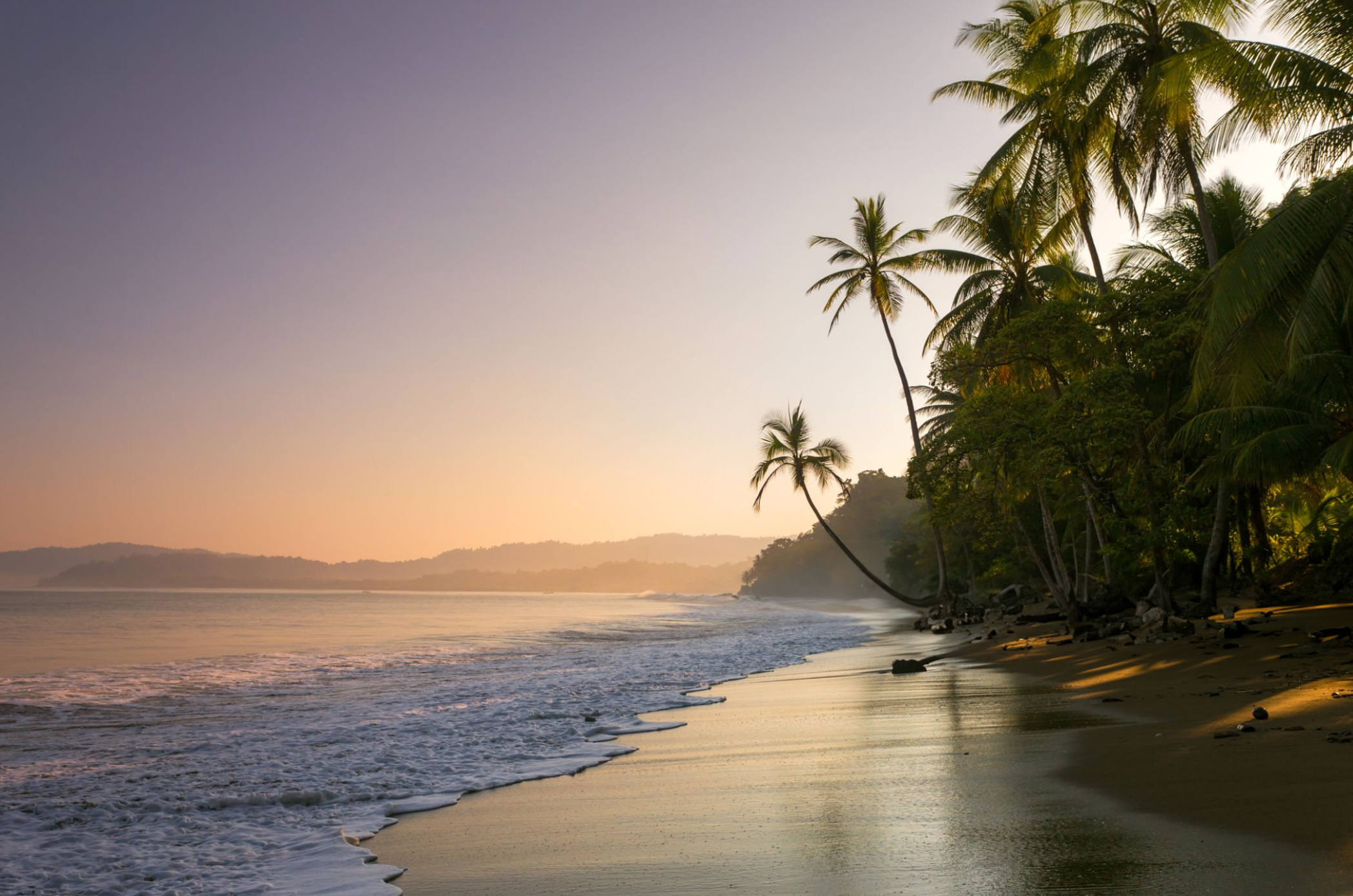 A serene tropical beach at sunset, featuring gentle waves lapping at the shore. Tall palm trees frame the scene, with lush greenery in the background and a hazy mountain silhouette on the horizon.