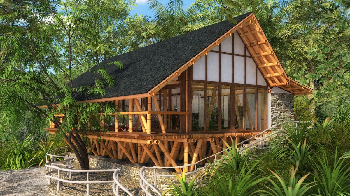 A modern eco-friendly house with a bamboo structure and large glass windows, surrounded by lush greenery and tropical plants. The building features a sloped roof and stone accents, blending harmoniously with the natural landscape.