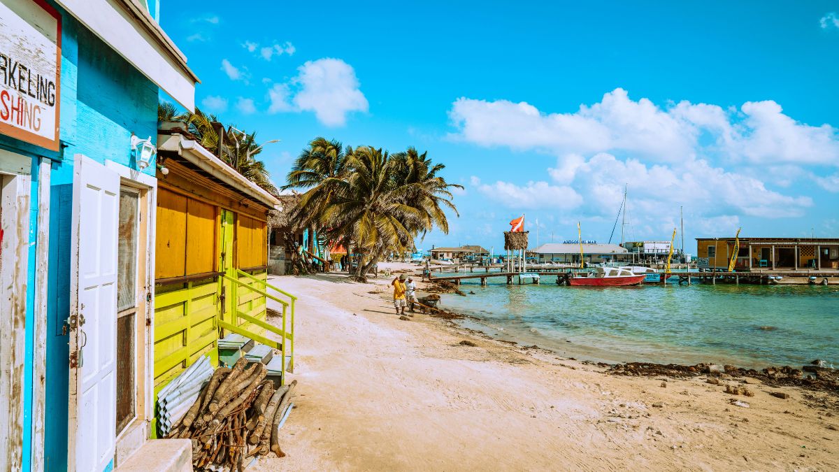 A colorful beachside scene with palm trees, small boats docked in calm water, and vibrant buildings lining the shore under a bright blue sky with fluffy clouds.