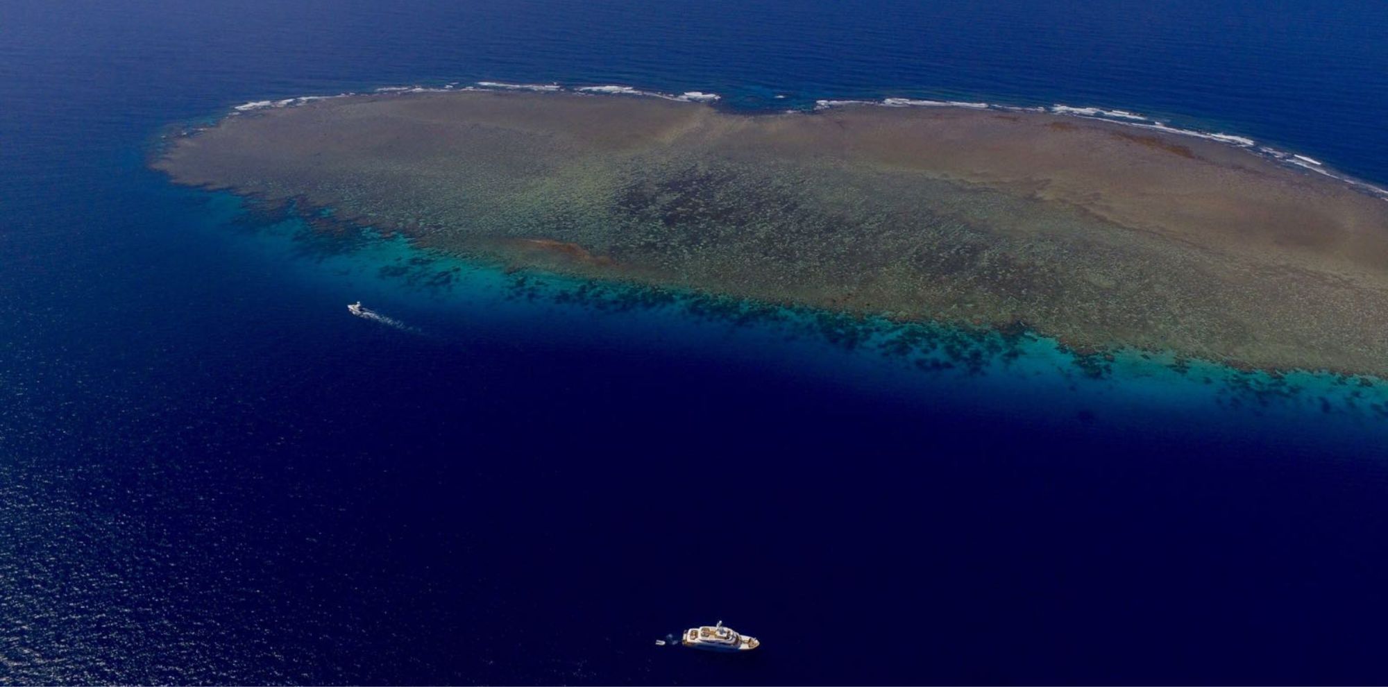 Aerial view of a coral reef with a boat nearby, showcasing vivid turquoise waters surrounding the reef.