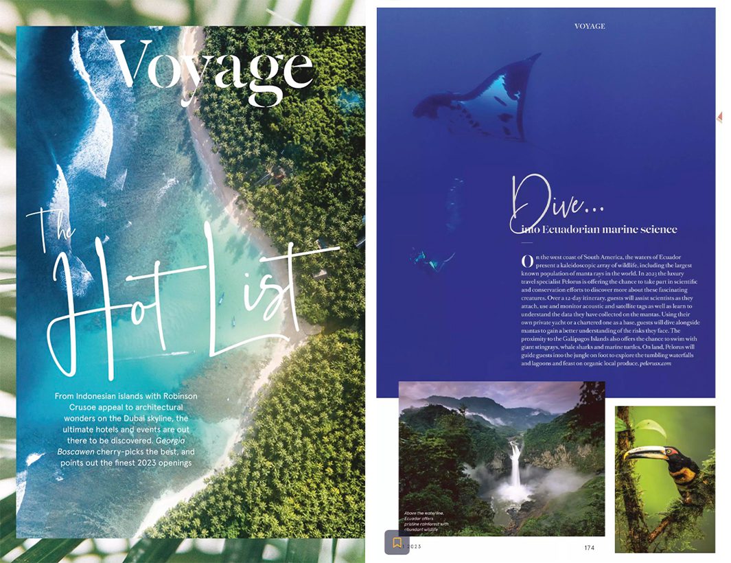 Vibrant magazine cover featuring lush green landscapes and coastlines. The title "Voyage" is prominent, with a stylish subtitle "The Hot List." The interior showcases marine themes, including diving, Ecuadorian marine science, and stunning underwater imagery.