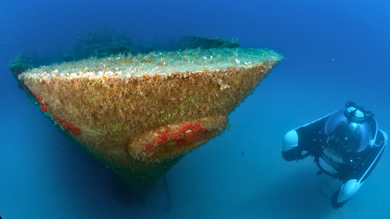 A diver explores the submerged bow of a shipwreck covered in sea grass and coral, set against a clear blue ocean background.