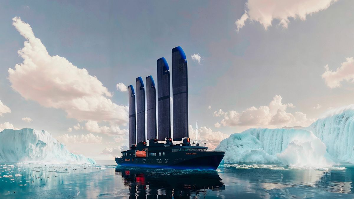 Futuristic dark-hulled ship with five tall vertical solar sails cruising through an iceberg-filled arctic landscape.
