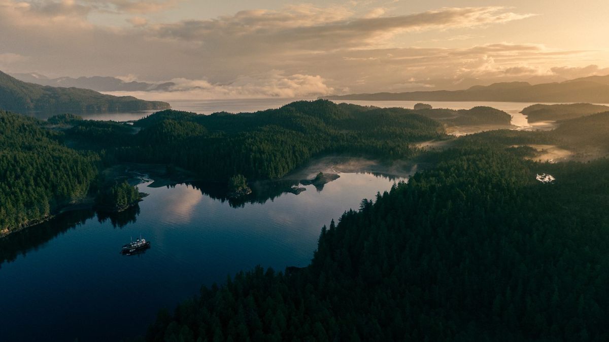Aerial view of a serene landscape featuring a calm lake surrounded by dense forests and misty mountains. Soft sunlight filters through the clouds, reflecting on the water's surface. A small boat is visible on the lake.
