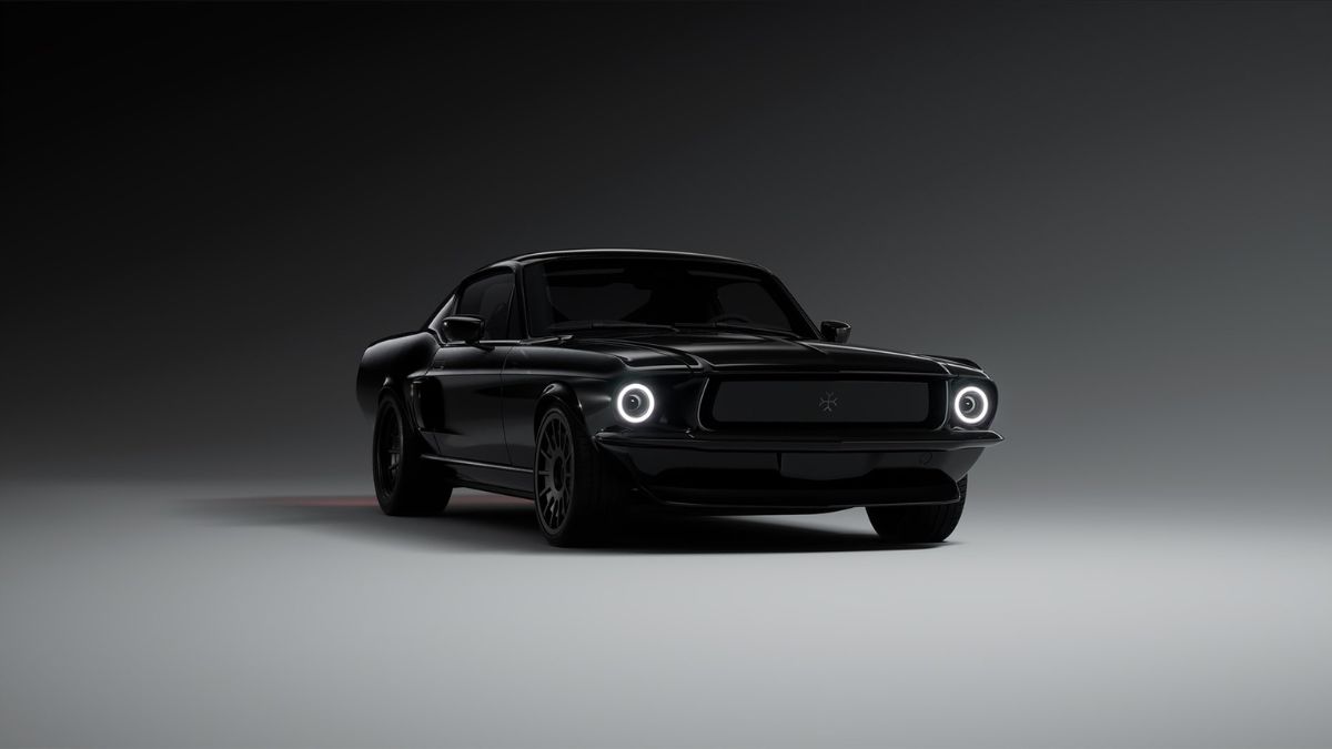 A sleek, black vintage car with modern headlights is showcased against a dark, gradient background, highlighting its stylish design and contours.