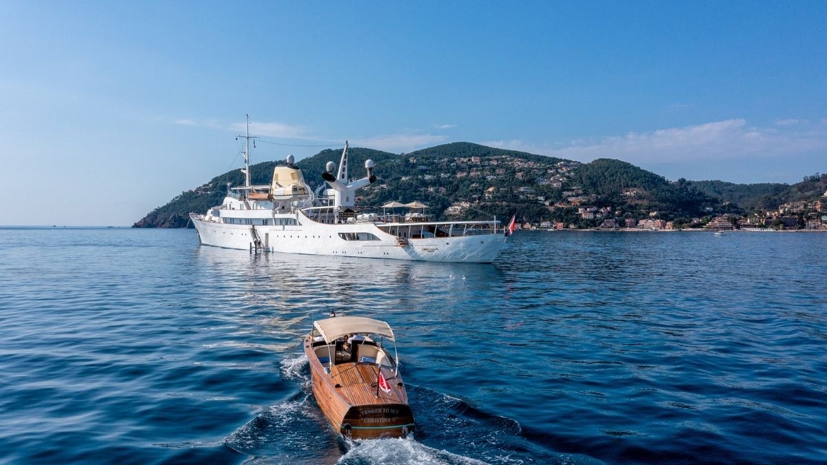 Private yacht anchored off Positano on the Amalfi Coast, Italy, yacht wedding charter
