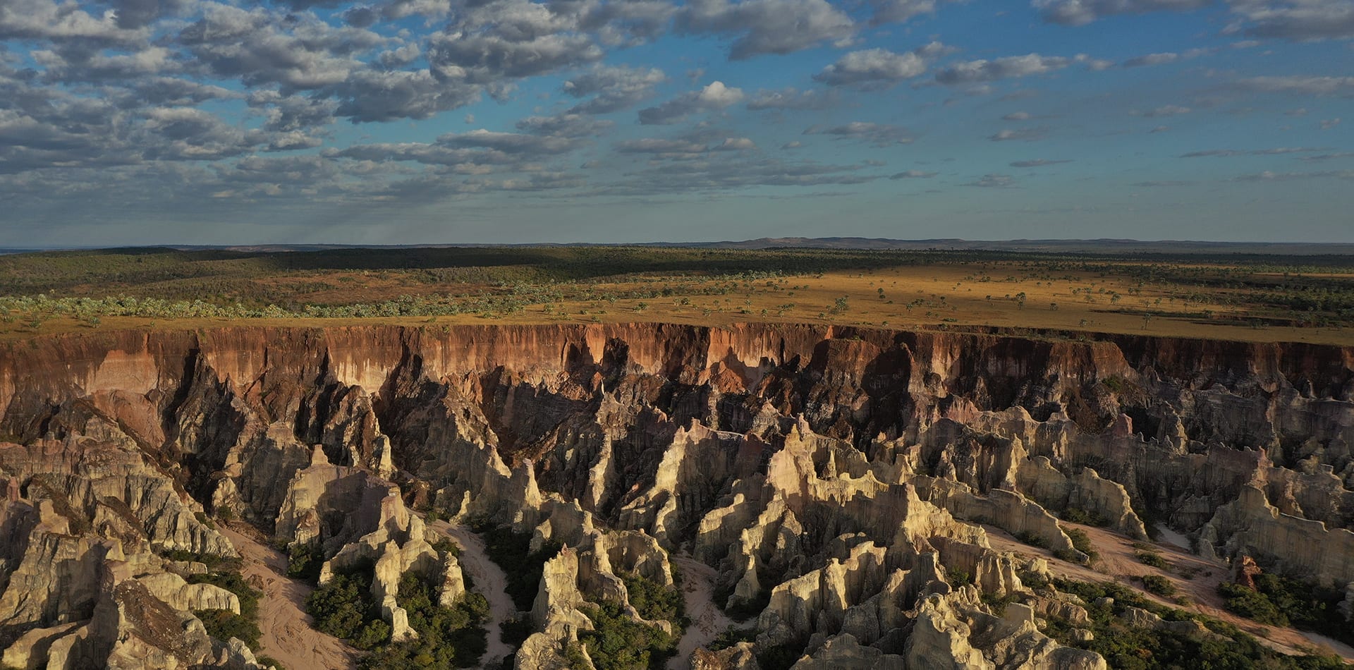 A vast canyon landscape featuring towering rock formations and deep ridges under a partly cloudy sky. Lush greenery and open fields stretch into the distance, creating a dramatic contrast with the rugged terrain.