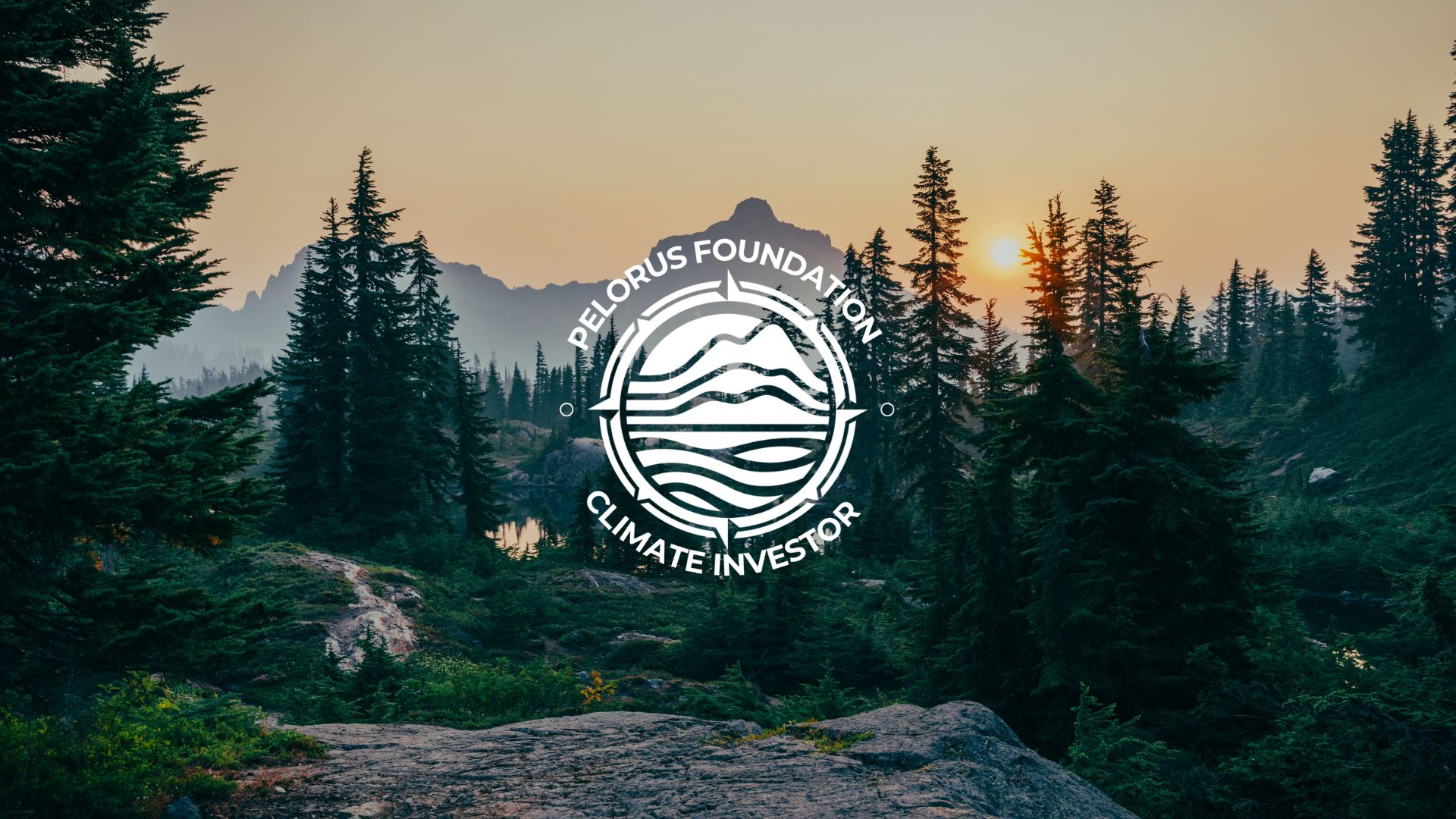 A serene landscape featuring tall evergreen trees against a backdrop of mountains at sunset, with a logo for the Delorus Foundation Climate Investor overlaying the scene.