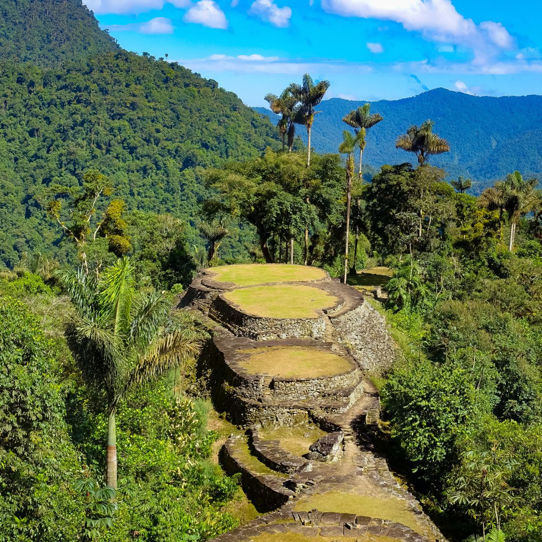 Ancient stone terraces nestled in lush green mountains, surrounded by dense tropical foliage and tall palm trees under a bright blue sky with scattered clouds.