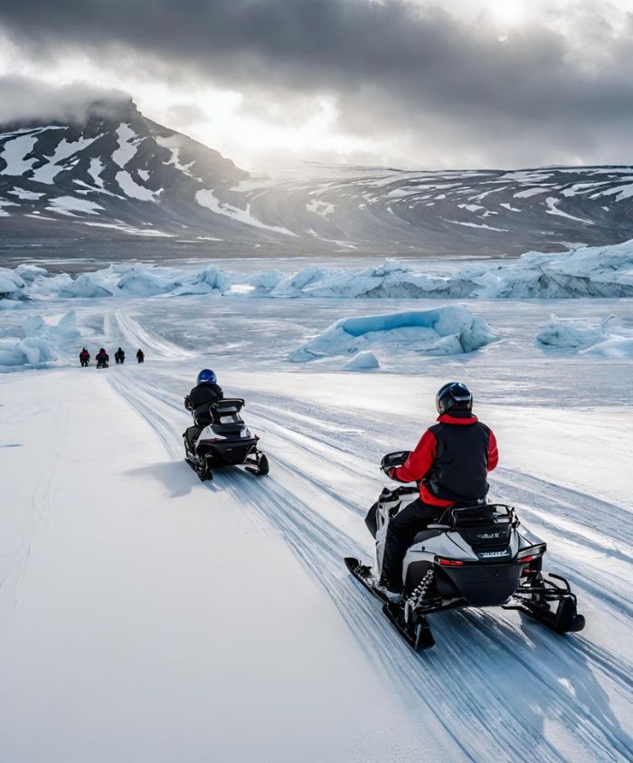 Snowmobiles traverse a snowy landscape with icy formations in the foreground and mountains in the background. Dark clouds loom overhead as riders follow a winding path through the pristine white terrain.