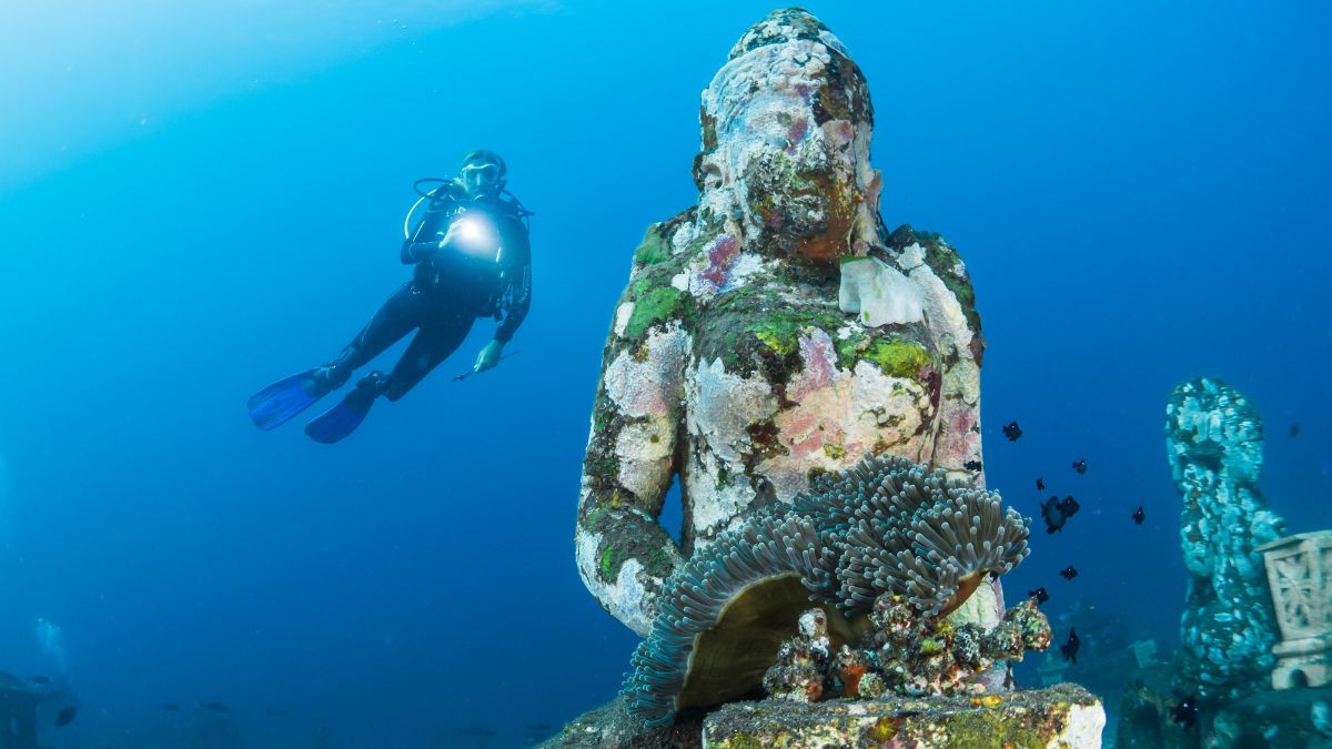 A coral-covered statue of a Buddha surrounded by vibrant marine life, with a diver exploring the underwater scene in the background.