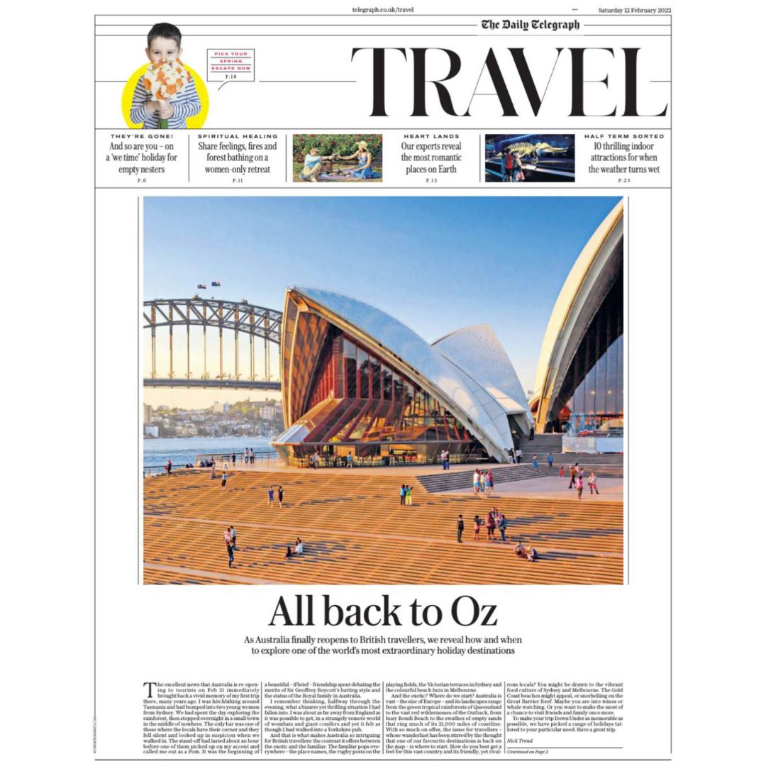 A newspaper front page titled "Travel" featuring a large image of the Sydney Opera House, with people walking around its steps. The headline reads "All back to Oz" and text discusses travel to Australia.
