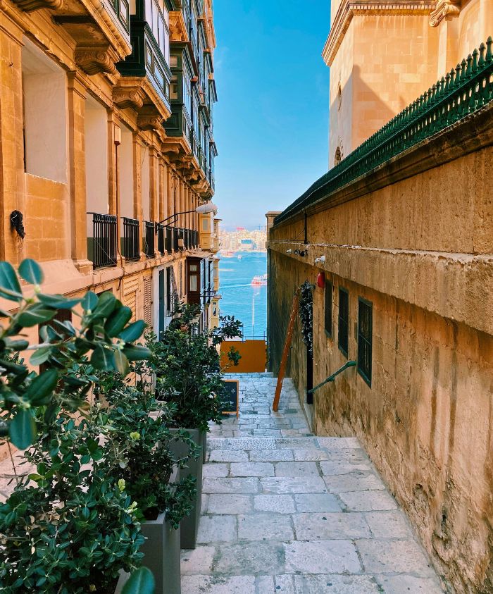 A narrow stone alleyway lined with potted plants, leading down to a blue body of water in the distance. Sunlight illuminates the scene, highlighting the historic buildings on either side.