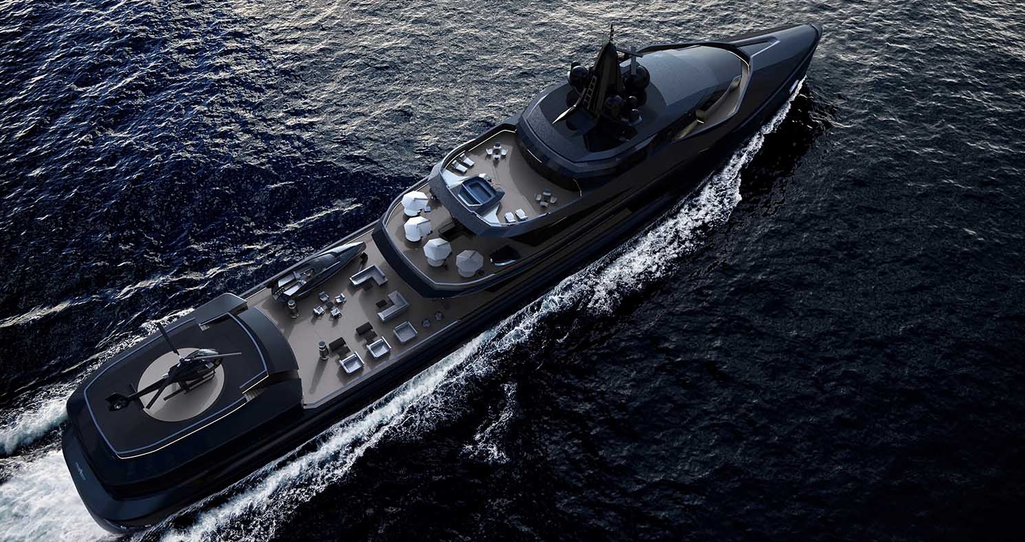 A sleek, modern yacht cruising through deep blue waters. The yacht features multiple decks with stylish lounge areas and a helicopter on the top deck. The design is predominantly dark, giving it a luxurious appearance.