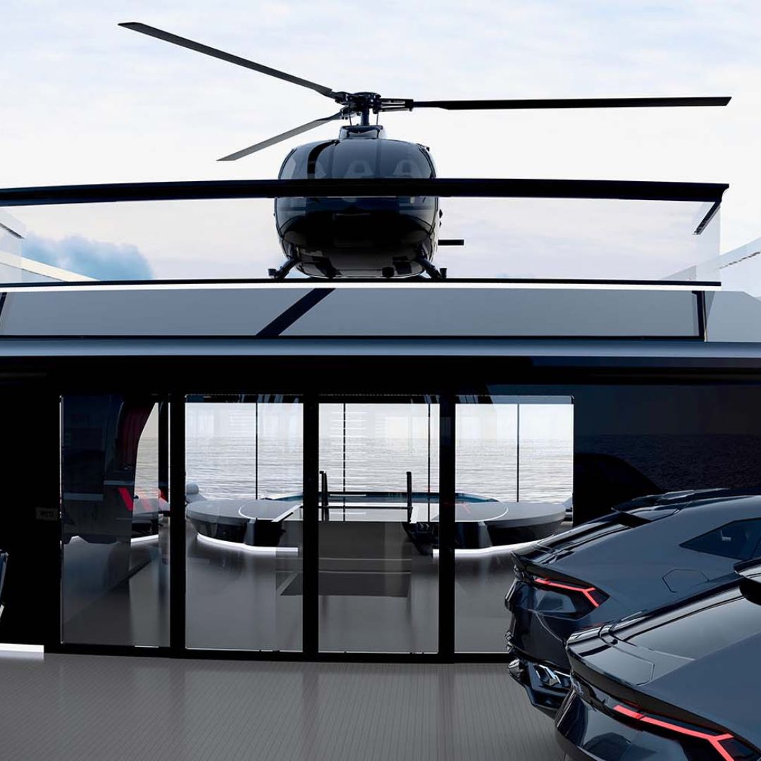 A sleek modern yacht interior features a helicopter parked on the top deck, with large glass windows offering views of the ocean. Luxury sports cars are visible in the lower level, showcasing a high-end lifestyle.