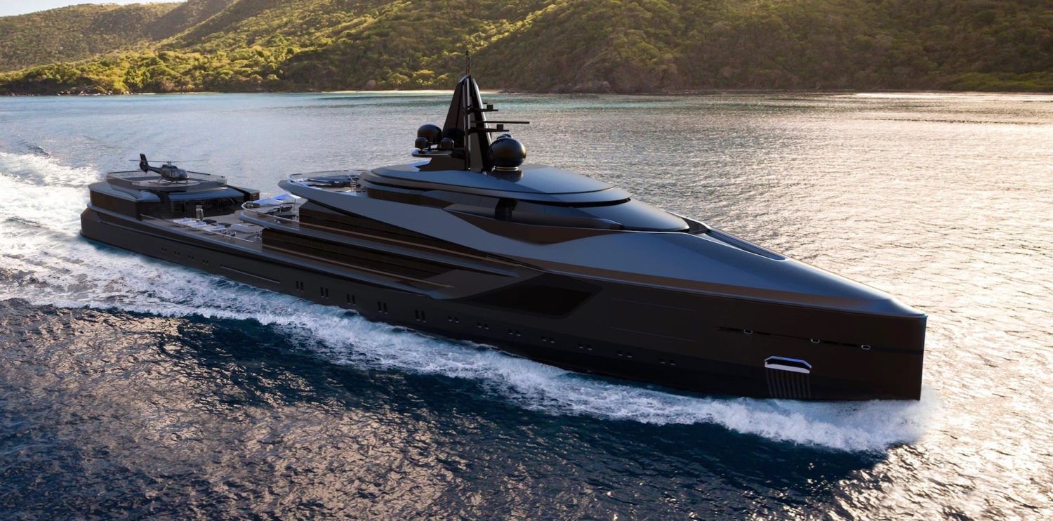 A sleek black luxury yacht cruising through clear blue waters with lush green hills in the background. The yacht features modern design elements and a large satellite dish on top.