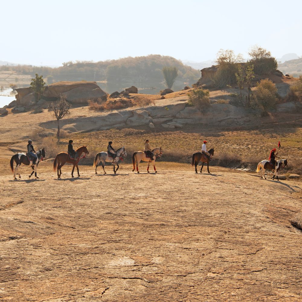 A group of horseback riders traverses a rocky landscape under a clear sky, with hills and trees in the background.