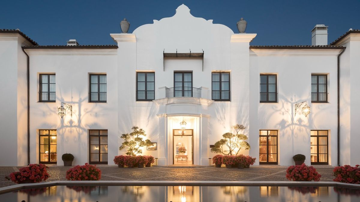 A grand white villa with a symmetrical façade, featuring large windows and a central entrance flanked by manicured gardens and flowering plants. Soft lighting highlights architectural details against a twilight sky.