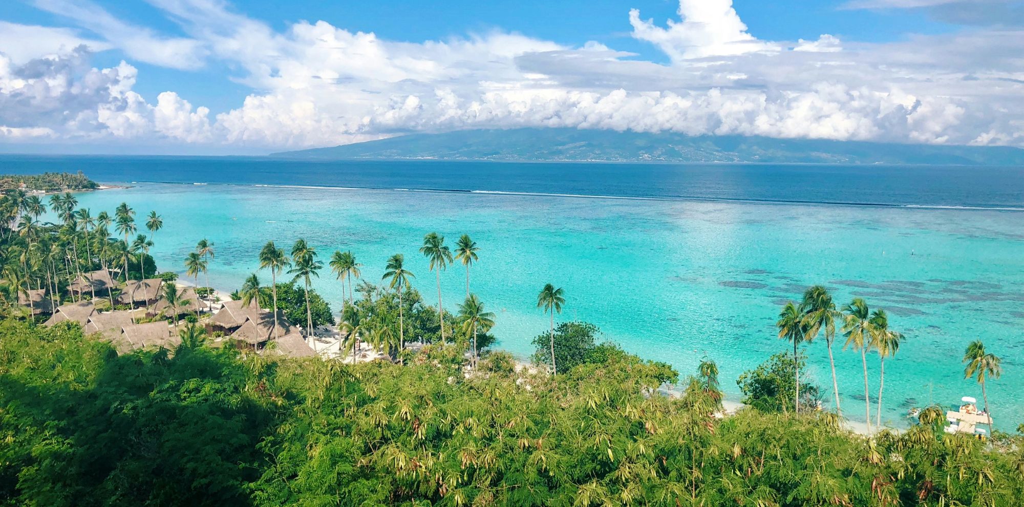 Stunning tropical beach scene with crystal-clear turquoise waters, palm trees lining the shore, and a lush green landscape. A distant mountain range under a bright blue sky filled with fluffy white clouds completes the picturesque view.