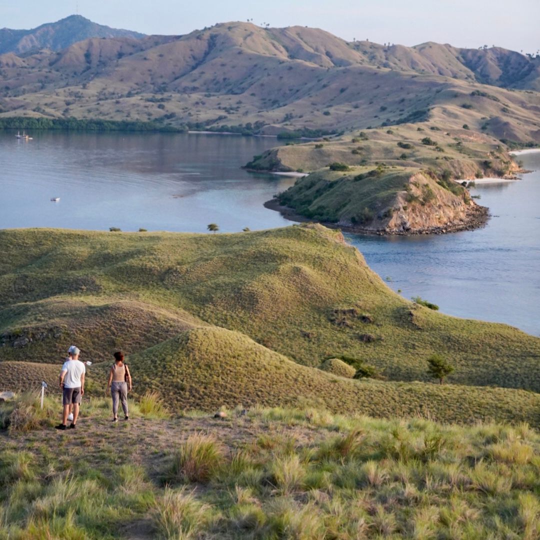 Two people stand on a grassy hill, overlooking a tranquil bay that curves around a hilly landscape. The scene features rolling green hills and a calm blue waterway, with mountains in the background under a clear sky.