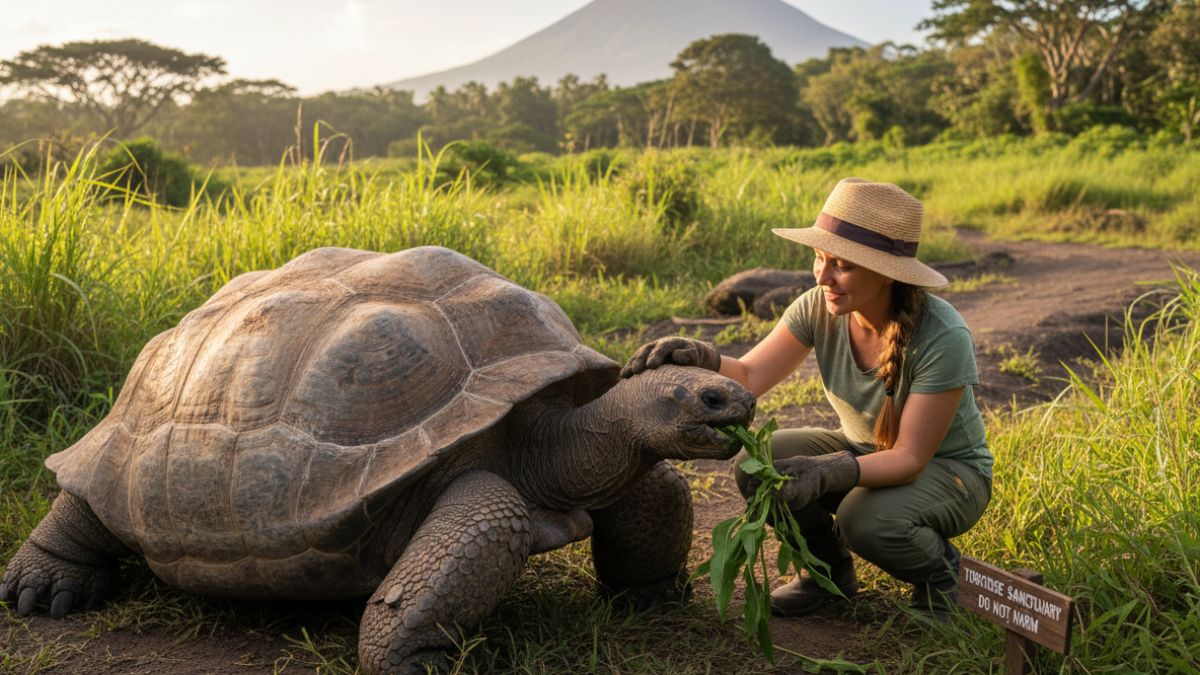 Guests assisting with giant tortoise conservation during a Galápagos yacht charter