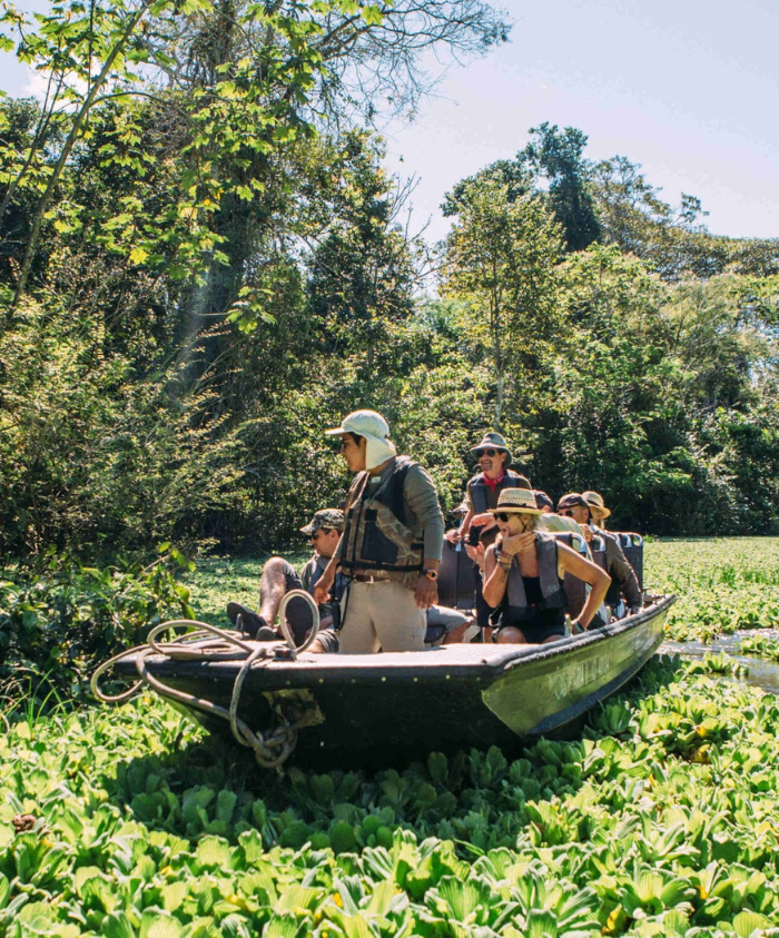 A group of six people in a boat navigating through lush green vegetation, surrounded by dense trees. Some passengers are taking photos while others look around, enjoying the scenery on a sunny day.