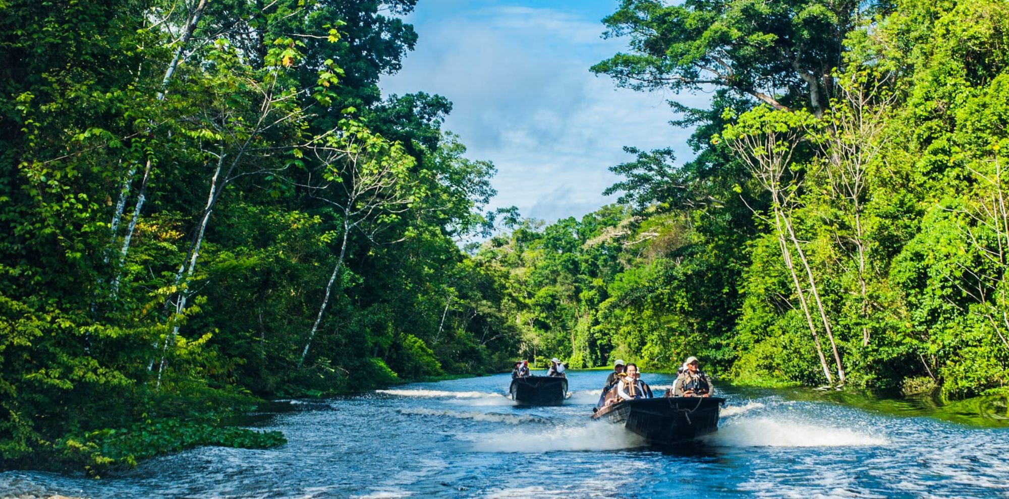 Three small boats navigate a lush, green river surrounded by dense tropical foliage under a bright blue sky.