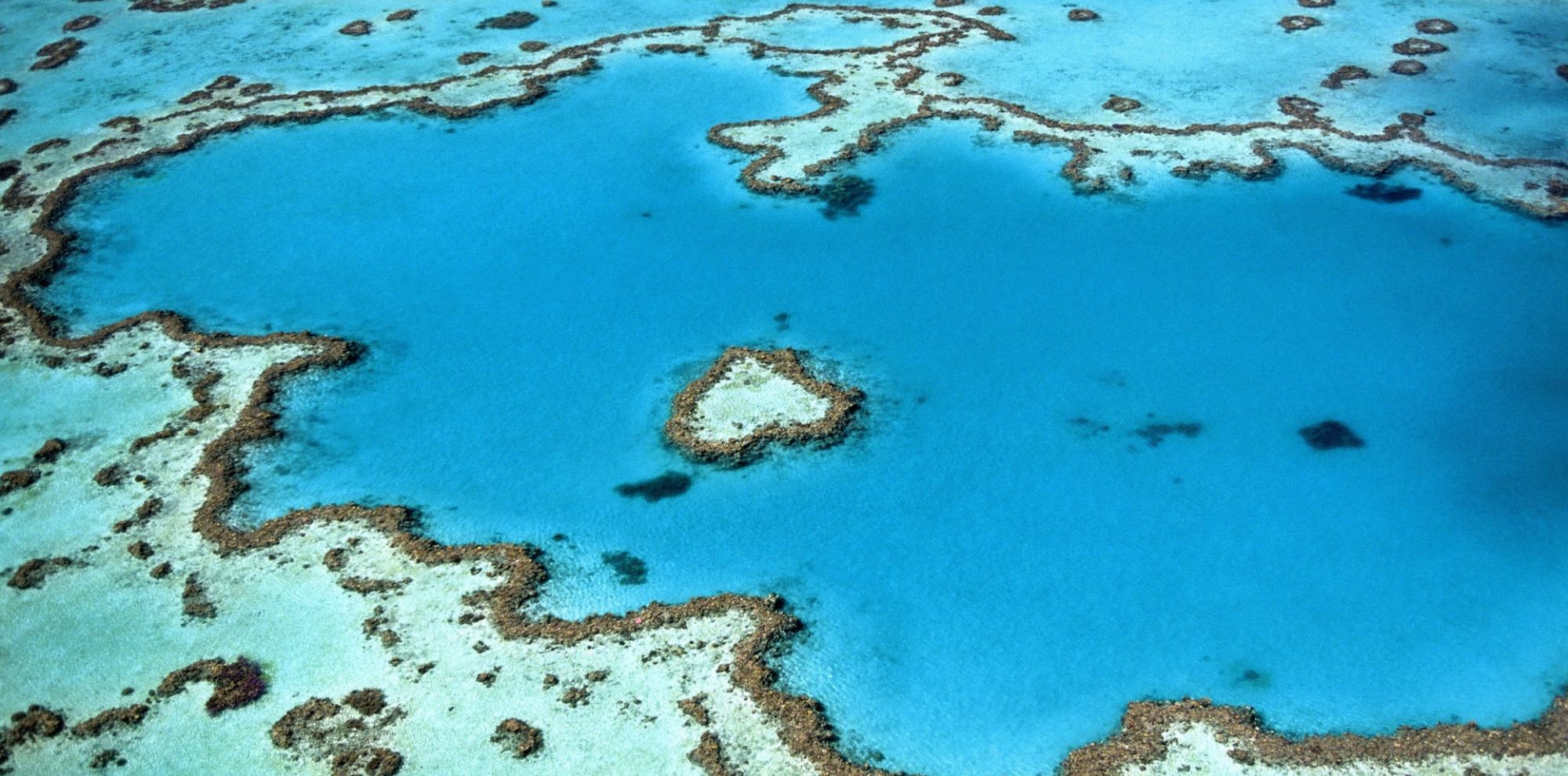 Aerial view of a vibrant turquoise lagoon surrounded by coral formations, with patches of darker water indicating deeper areas.