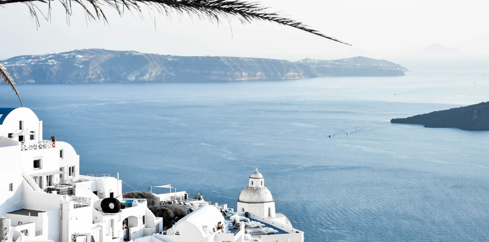 A panoramic view of the caldera in Santorini, featuring whitewashed buildings with blue domes, surrounded by tranquil blue waters and distant cliffs. A palm frond is visible in the foreground.