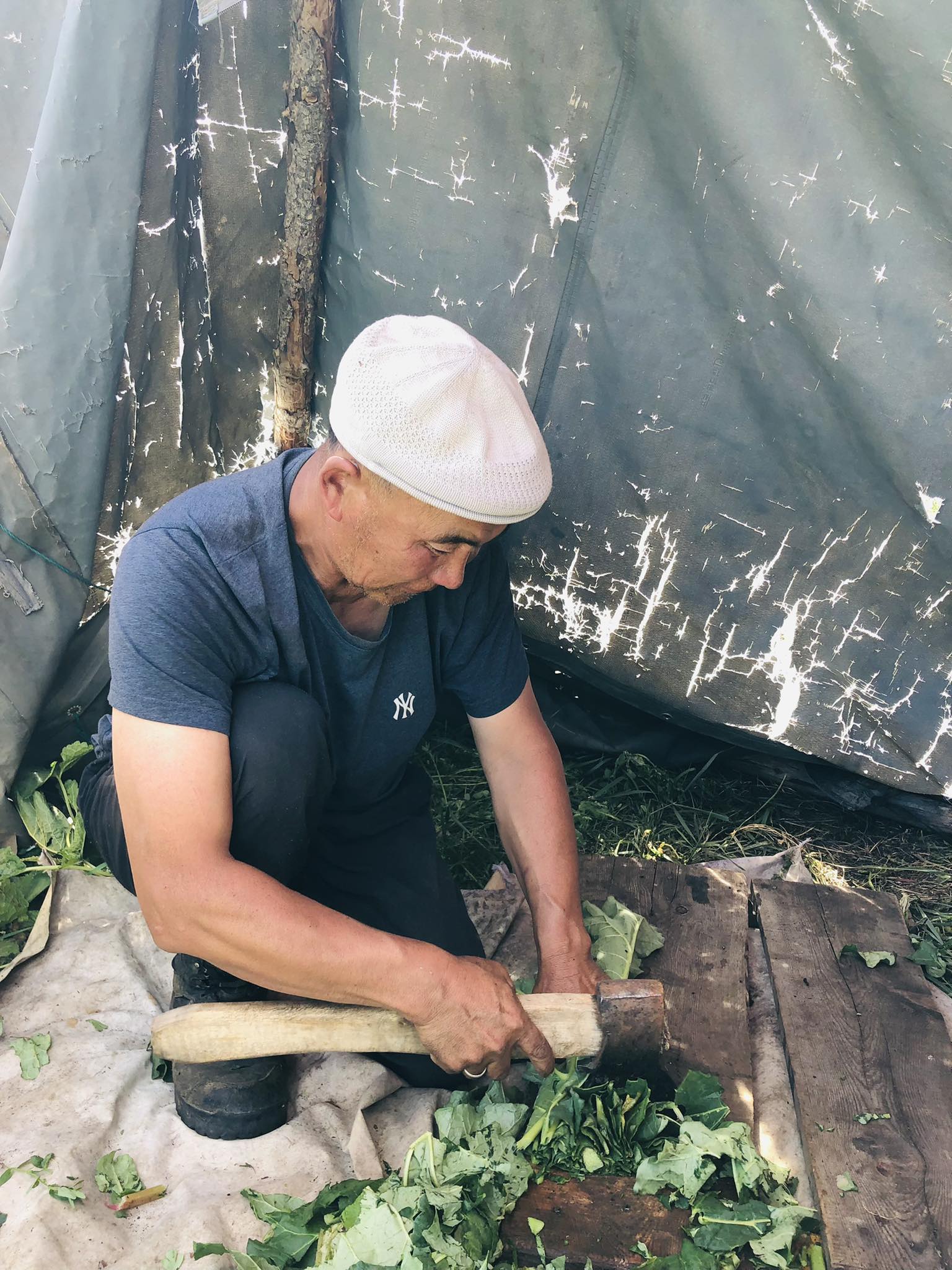 A man in a light-colored hat is chopping greens with a wooden mallet while sitting on the ground inside a tent. He's focused on his task, surrounded by fresh leaves and wooden boards.