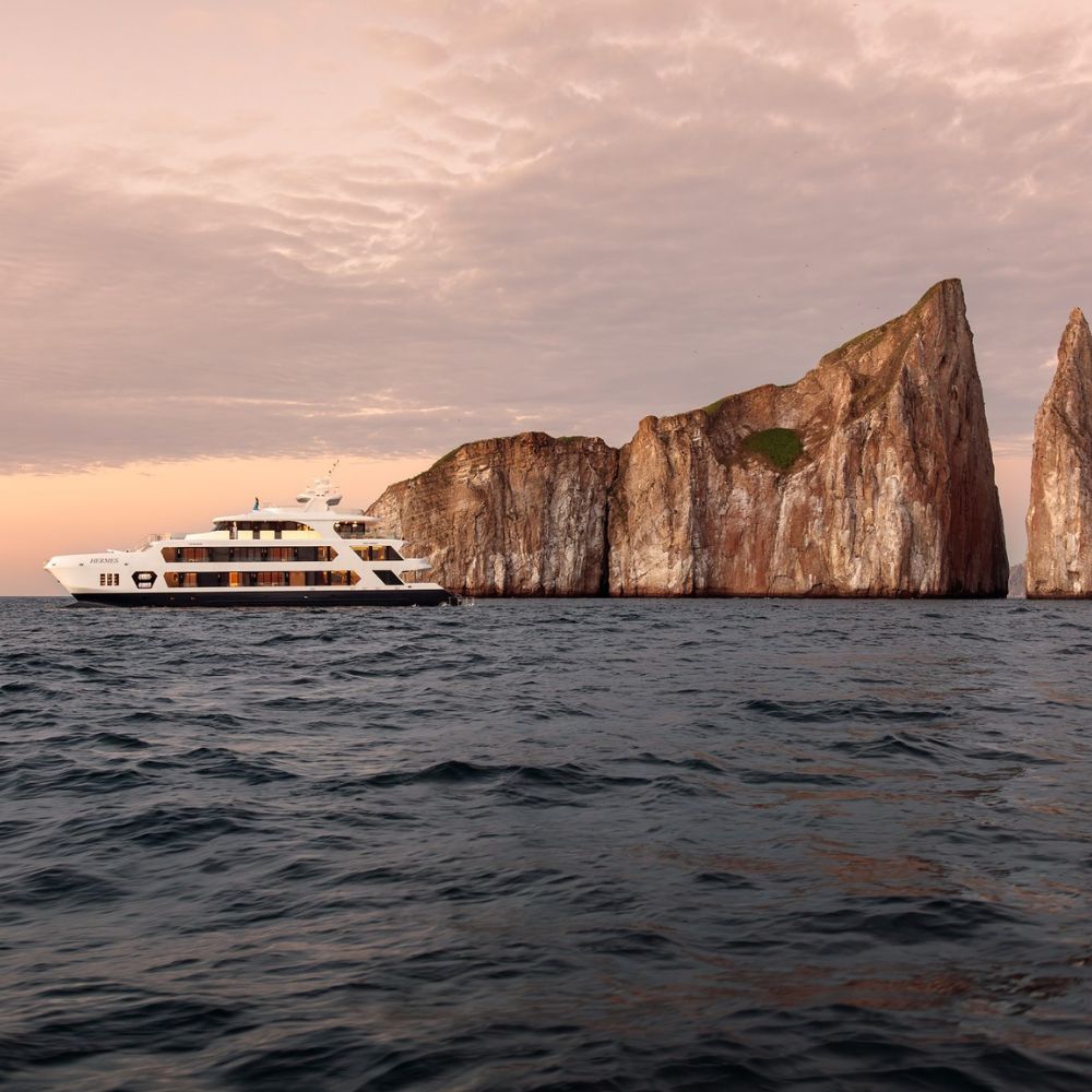 White luxury catamaran HERMES cruises on dark water beside a massive, sheer brown rock cliff under a pastel sunset sky.